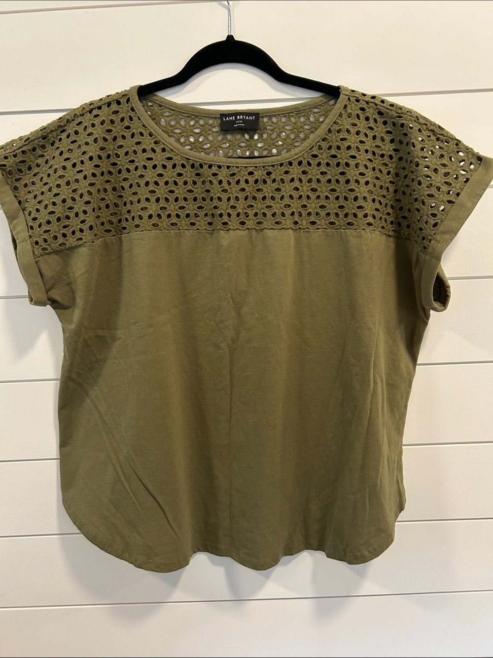 Lane Bryant Olive Green Eyelet Yoke Short Sleeve Tee